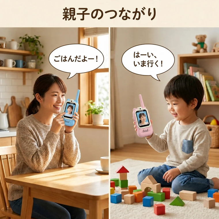 キッチンのママと子ども部屋の子どもがトランシーバーでつながる様子