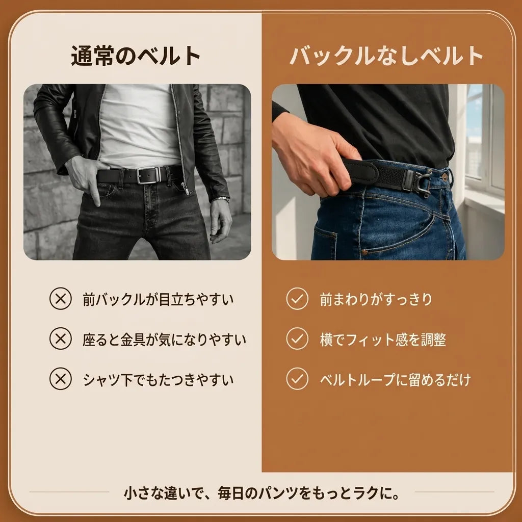 NICOMO ノーバックルベルト｜前バックルなしで腰まわりすっきり